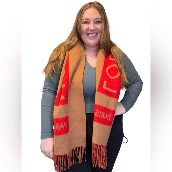 SOLD Louis Vuitton Red & Camel Double Sided 100% Cashmere Winter Scarf Luxury - Picture 2 of 15